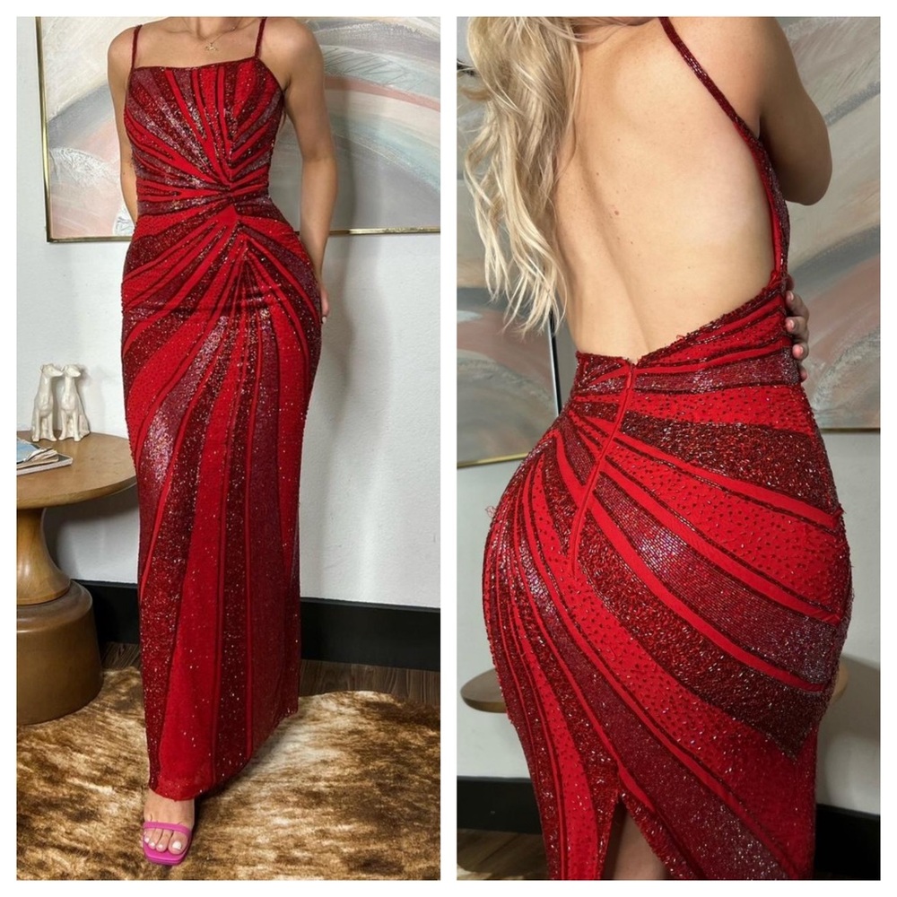 Vintage 90’s Y2K 100% Silk Dress Beaded Dress Formal Gown Prom Wedding Red Maxi